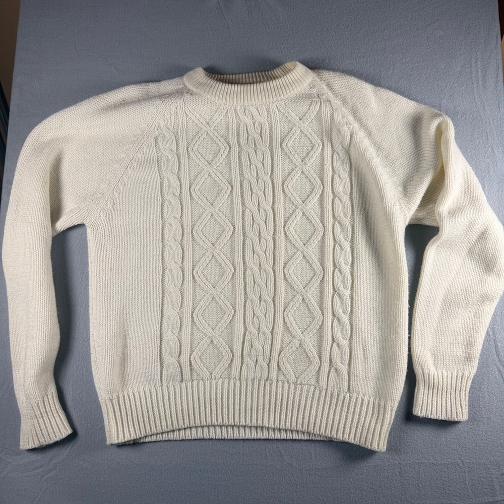 Vintage Buffalo Mens Cable Knit Sweater Cream White Crew Neck Pullover Large
